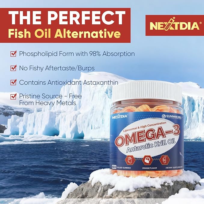 Liposomal Antarctic Krill Oil Omega 3 Gummies 2000mg - Cellular Level Absorption Omega-3 with EPA DHA &amp Astaxanthin - Antioxidant &amp Brain Support - Fish Oil Supplements Alternative - 60 Count