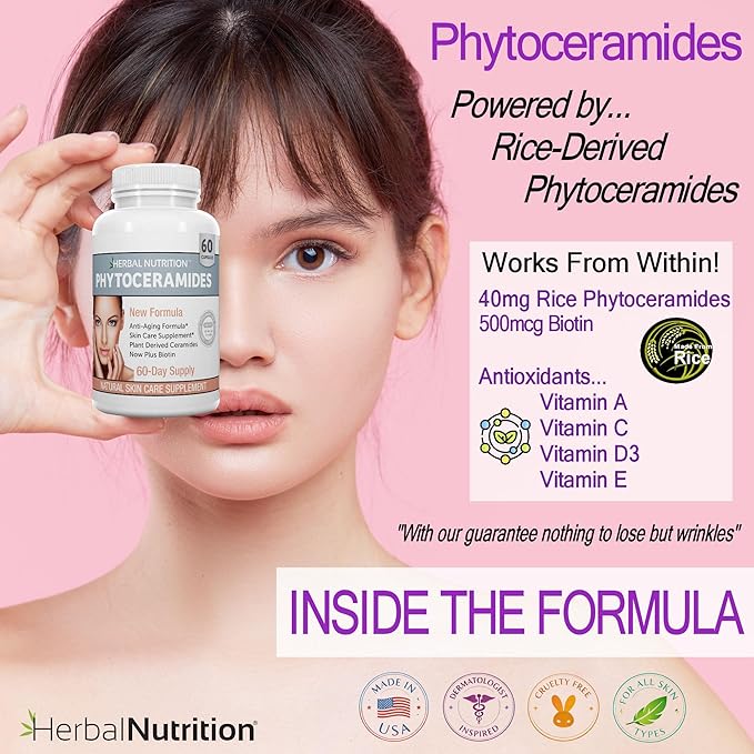 Herbal Nutrition Phytoceramides from Rice with Biotin Vitamin A C D and E Three Bottle Pack 180 Capsules 40mg