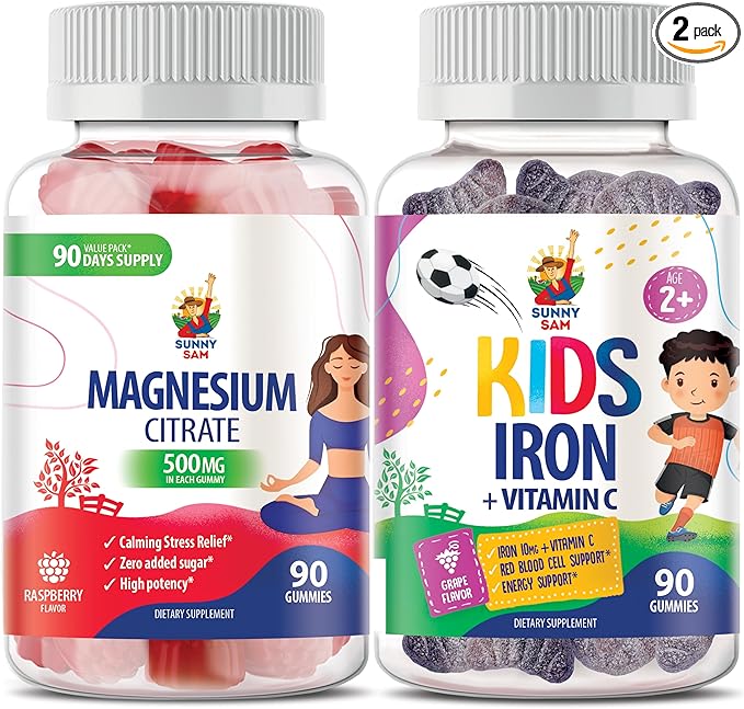 SUNNY SAM Iron Gummies for Kids &amp Adults &amp Magnesium Gummies for Adults - 500mg - Calm Magnesium Chews - Magnesium Citrate Chewable Supplement for Mood &amp Muscle Support. Iron Vitamins with