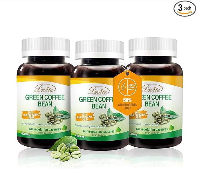 LOVITA Green Coffee Bean Extract Standardized to 50% Chlorogenic Acids 4:1 Concentrated for Metabolism Natural Antioxidant &amp Size-Reduction Support Plant-Based 180 Vegan Capsules
