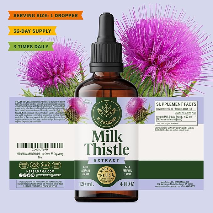 HERBAMAMA Milk Thistle Supplement - Vegan Liver Support with Milk Thistle Extract Tincture - Non-GMO Alcohol &amp Sugar-Free Liquid Silymarin Liver Detox Drops 56-Day Supply