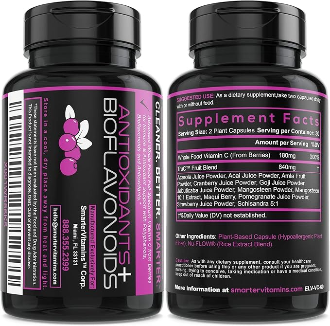 (3 Pack) Raw Whole Food Vitamin C Natural Immune Support from Berries Premium Antioxidants Bioflavonoids &amp Polyphenols 180 Vegan Capsules