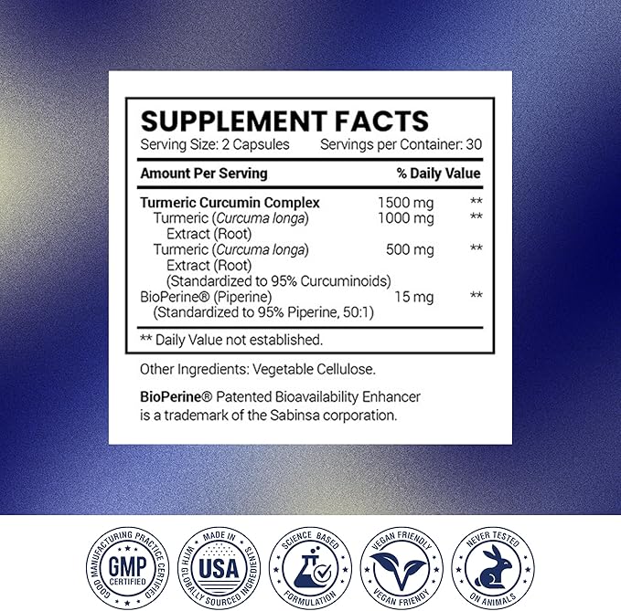 Research Verified Turmeric Curcumin Supplement with Black Pepper (BioPerine) - High Potency Curcumin - Antioxidant Joints &amp Daily Wellness - 60 Vegan Turmeric Capsules - Made in USA - 1 Month Sup