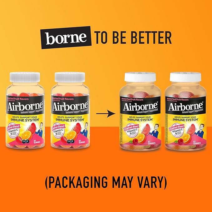 Airborne 750mg Vitamin C Gummies for Adults Immune Support Gummies with Powerful Antioxidants VIT C &amp E Caffeine Free - 2x63ct Bottle (42 Servings) Assorted Fruit Flavor