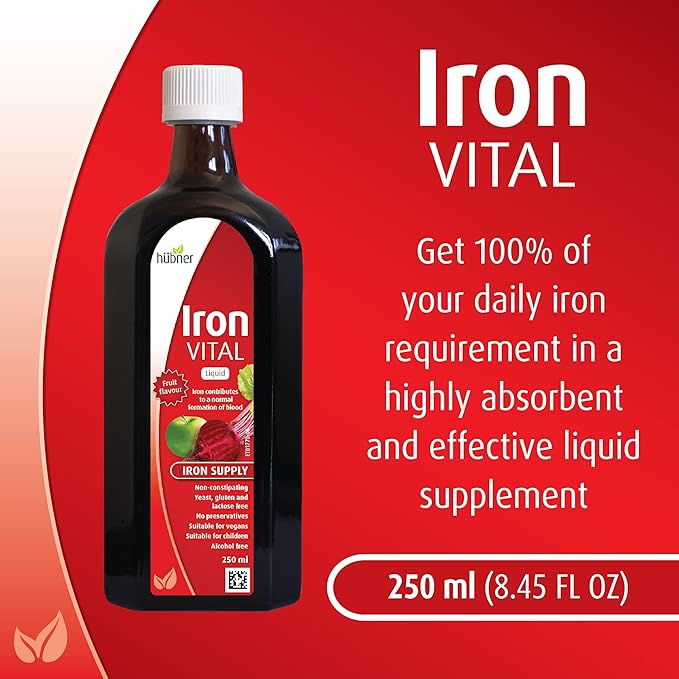 hübner Iron Vital Liquid Iron Supply Plus Vitamin C Dietary Supplement for Adults and Kids Vegan and Gluten-Free Fruit Flavor 250 ml Bottle 25 Servings
