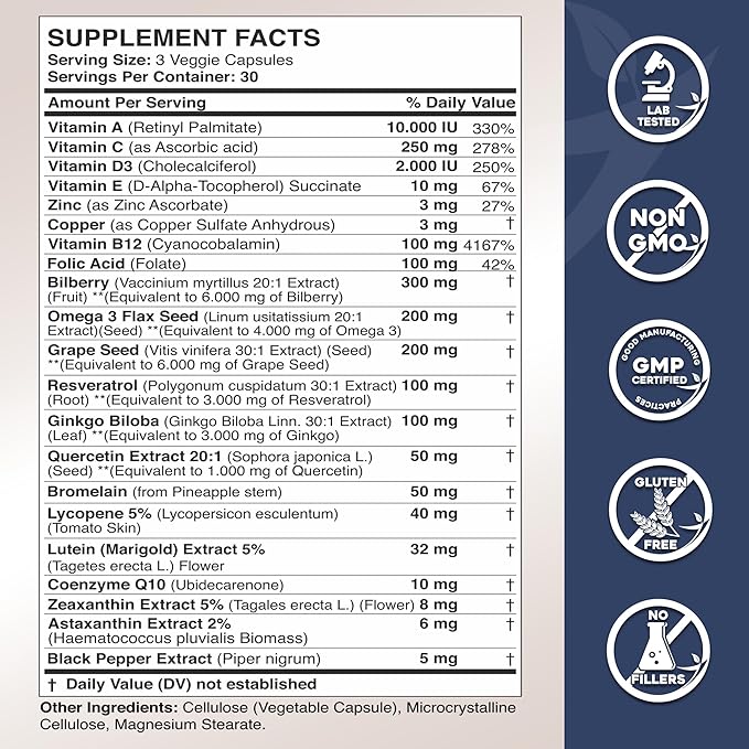 Gade Nutrition Lutein and Zeaxanthin Supplements | Astaxanthin Eye Vitamins with Omega 3 Resveratrol Bilberry Lycopene Quercetin Ginkgo Biloba Vitamin D and More Eye Care Vitamins and Minerals