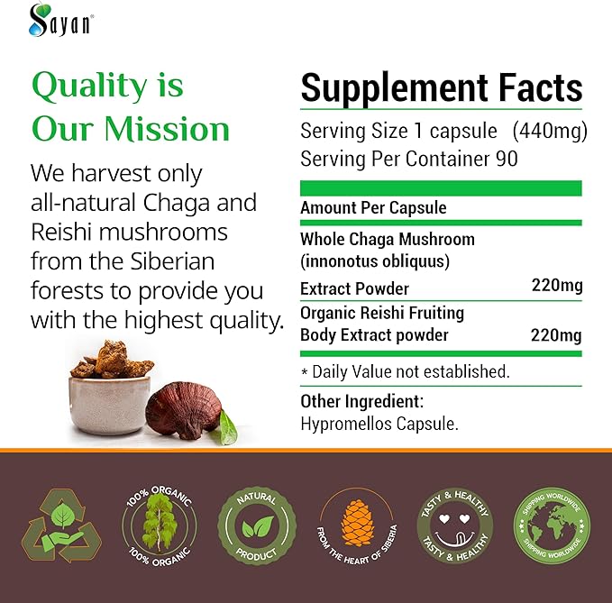 Sayan Siberian Chaga and Organic Reishi Mushroom Extract Supplement – 90 Capsules/440mg Each - Wild-Harvested Antioxidant Blend for Immune System Support + Natural Energy Boost Non-GMO Gluten Free