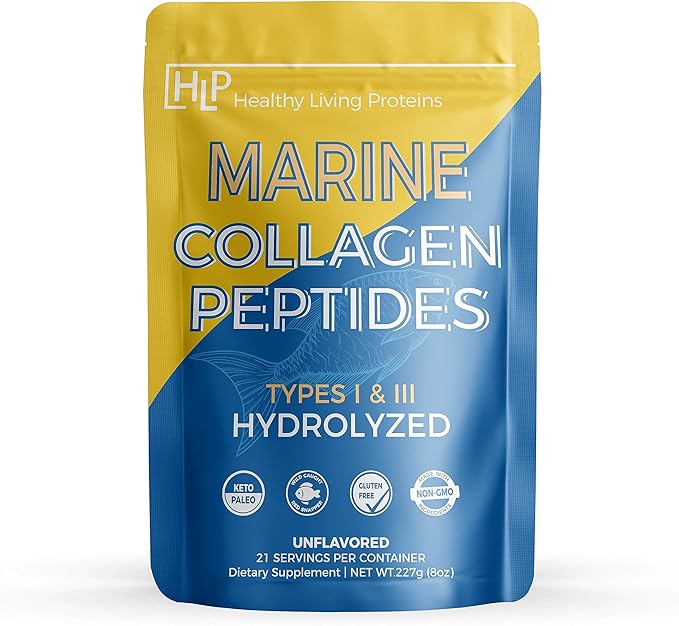 Healthy Living Proteins | Marine Collagen Peptides Type 1 &amp 111 | 24g Fish Protein Naturally Sourced Wild Fish Non-GMO | Keto &amp Paleo Gluten Free Kosher | Unflavored Powder (8 oz)