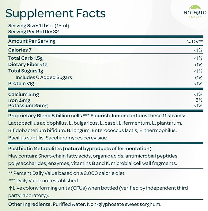 ENTEGRO Flourish Junior Liquid Probiotic &amp Postbiotic Supplement - Plastic | 11 Live Cultures | Gut &amp Digestive Health for Women Men &amp Kids | Organic Vegan Allergen Free | USA Made | 16