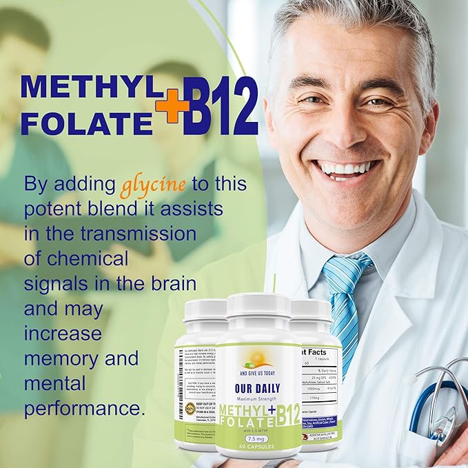 L-Methylfolate 7.5 mg N B 12 1000 mcg 60 Capsules - Methylated Glycine - Boost Mood Energy &amp Memory - Immune Support &amp VItamin Supplement for Men &amp Women - Non-GMO Vegetarian Capsules