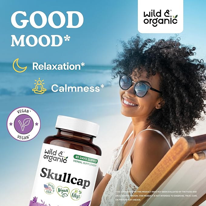 Wild &amp Organic Skullcap Capsules 1200 mg - Calming Skullcap Herb Supplement - 90 Capsules - Scutellaria Lateriflora Leaf Extract - 45 Days of Supply - Vegan No Fillers Non-GMO