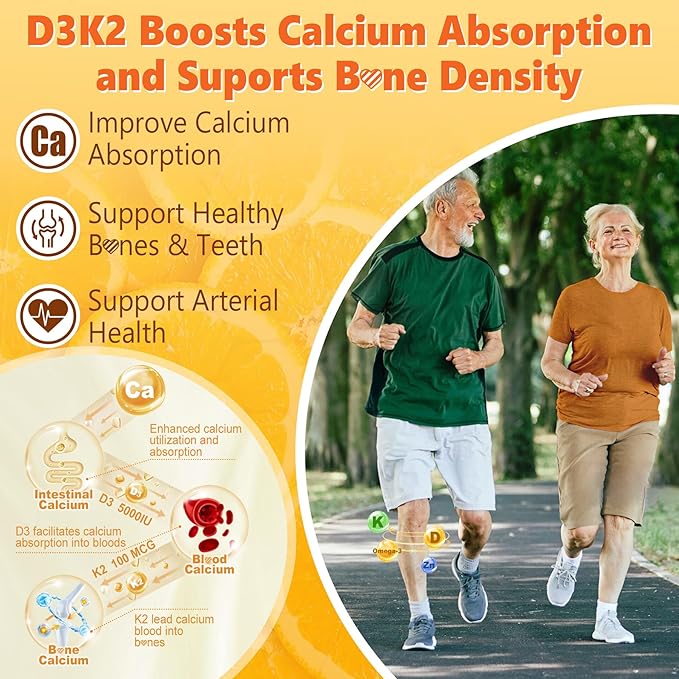 Vitamin D3 K2 Gummies 5000IU / 10000 IU with Omega-3 250mg + K2(MK-7) 100mcg - 5X Absorption Than Standard D3K2with Vitamin C Zincand 5 Organic VegetablesSupports Bone &amp Teeth Strength Immun