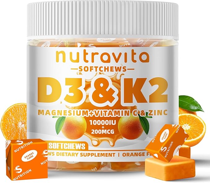 Nutravita Sugar-Free Vitamin D3 K2 Chews with Calcium + K2 (MK-7) Magnesium Citrate Vitamin C Extra Strength - Ultimate Absorption for Bone Muscle Teeth Immune Vegan - 60 Count-Orange Flavor