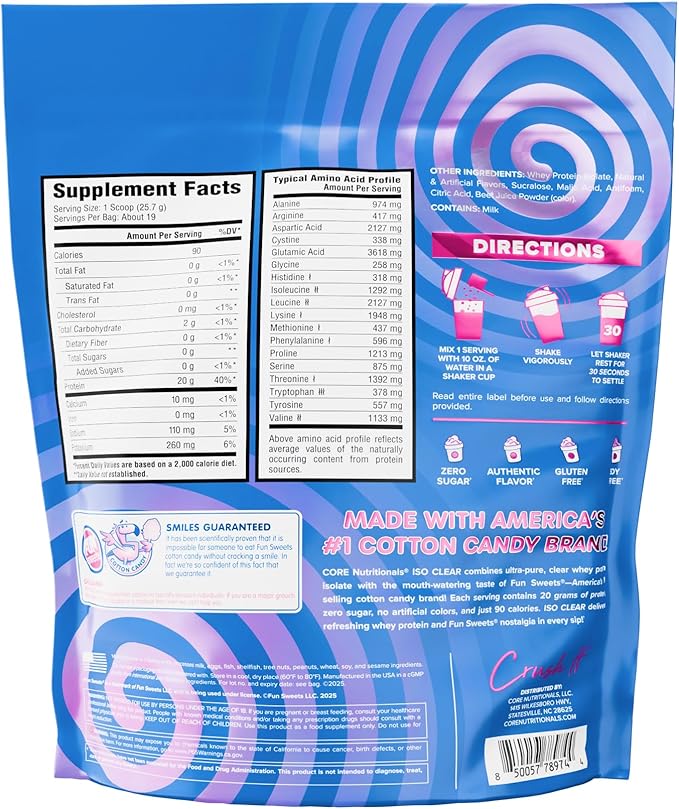 Core Nutritionals Iso Clear Whey Protein Isolate | Low Calorie Carb &amp Fat | Lactose Free &amp Easy to Digest | 20g Protein Zero Sugar | 1.1 Pound (Fun Sweets Cherry Berry)