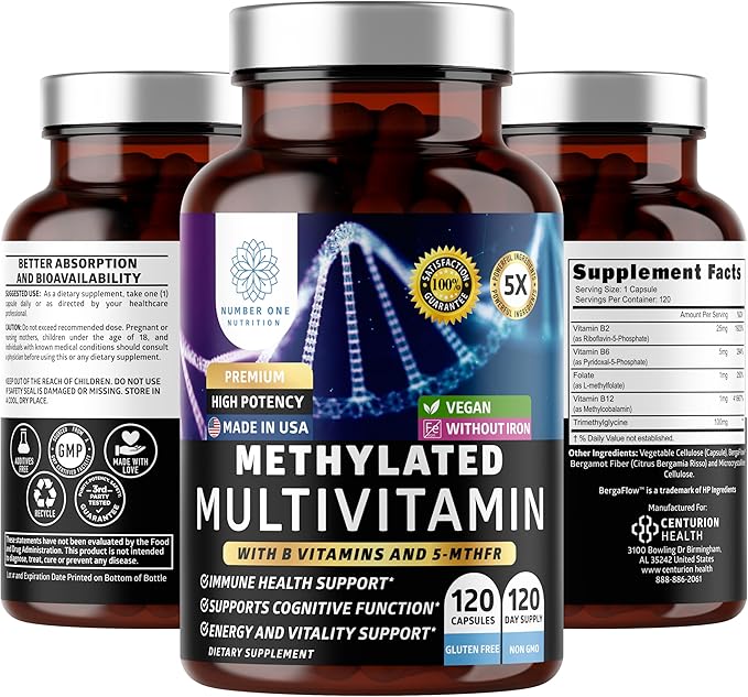 Number One Nutrition Methylated Multivitamin for Women &amp Men Natural Daily Multivitamins with Folate Vitamin B12 Vitamin B2 and B6 Non-GMO Gluten-Free 120 Caps