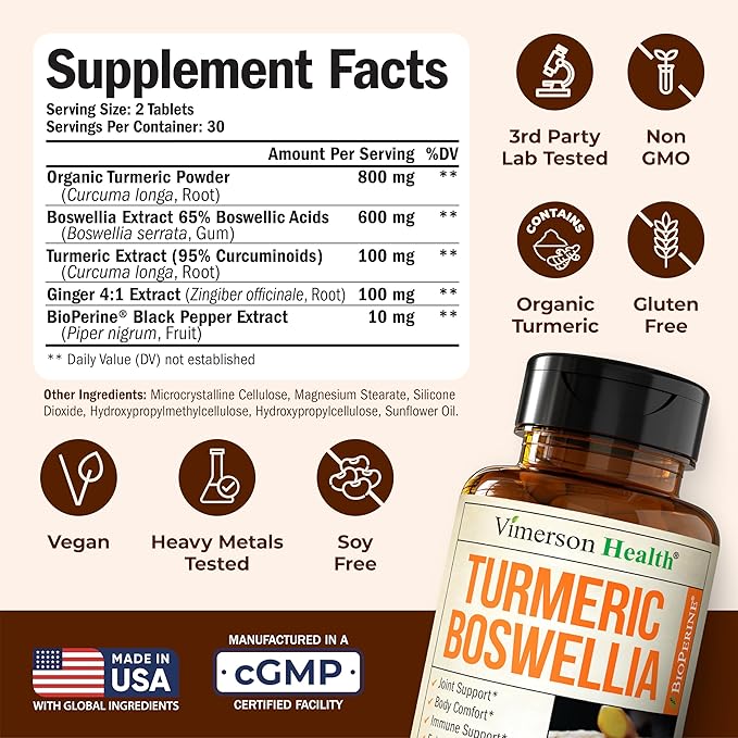 Boswellia Serrata Turmeric Supplement for Joint Support &amp Inflammation Balance – Turmeric Boswellia Supplement with Ginger &amp Black Pepper Extract for Enhanced Absorption – Non-GMO - 60 Tablets