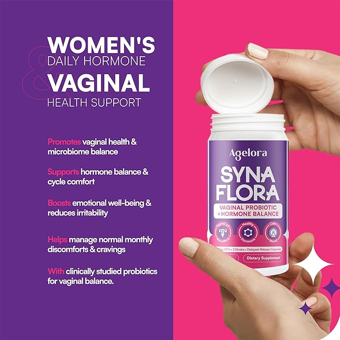 SynaFlora Vaginal Probiotics for Women - Supports Hormone Harmony &amp Vaginal Flora - Probiotic Supplement with Maca Root &amp Saffron Extract - 60 Vegan Capsules