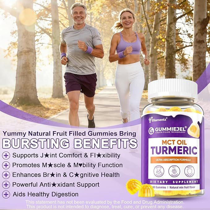 Turmeric Curcumin 1000mg/ 500mg with Ginger Gummies w/MCT Oil C8 C10 95% Turmeric Curcumin Supplement with Black Pepper Extract Support Mobility Comfort Antioxidant Energy Sugar Free 1Pack