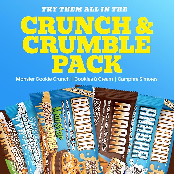 Anabar Protein Bar Variety Packs The Protein-Packed Candy Bar World's Best Tasting Protein Bar No Sugar Alcohols High Protein Amazingly Delicious 20 Grams of Protein (12 Bars Crunch &amp Crumb