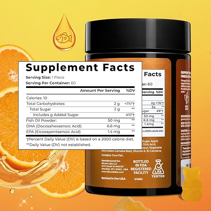 Premium Kids Omega 3 Gummies – Orange Flavor Fish Oil for Kids – Omega 3 Gummies for Children – No Fish Burps – Brain Eye &amp Immune Support – 2 Month Supply