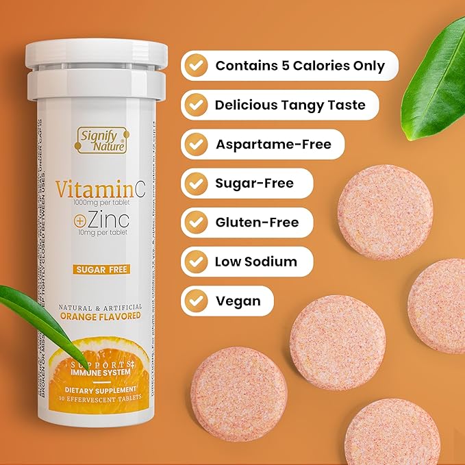 SIGNIFY NATURE Vitamin C 1000mg Effervescent Tablets - Potent Immune Support VIT C with Zinc Supplement - Sugar-Free &amp Vegan Formula | Dissolvable Vitamin C Tablets - Water Soluble Fizzy Elixir -