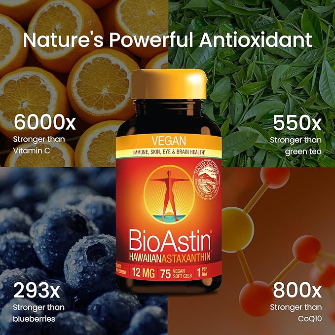 Nutrex Hawaii Vegan BioAstin Hawaiian Astaxanthin - 12mg 75 Softgels - Farm-Direct Premium Antioxidant Supplement to Support Eye Skin Joint &amp Immune System Health - Non-GMO &amp Gluten-Free
