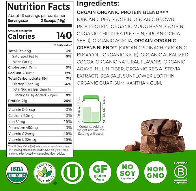 Orgain Organic Vegan Protein Powder + Greens Creamy Chocolate Fudge - 21g Plant Based Protein Gluten Free Dairy &amp Lactose Free Soy Free No Sugar Added Iron &amp Prebiotics for Gut Health -