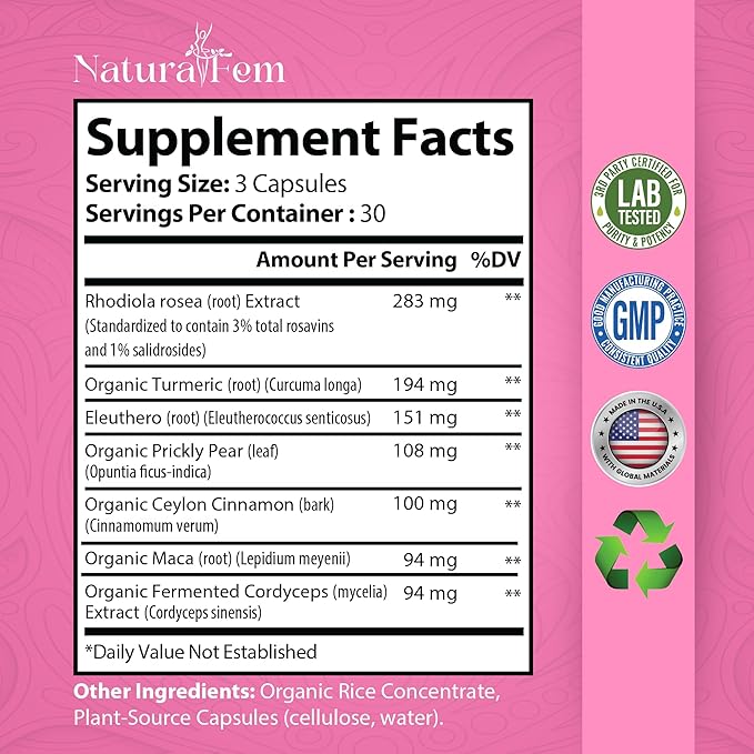 NaturalFem Premium Adaptogens Supplements for Women with Herb Botanicals like Rhodiola Rosea Extract Turmeric Maca Root for Better Adaptogenic Response Focus &amp Mood Support Supplement - 90 Caps