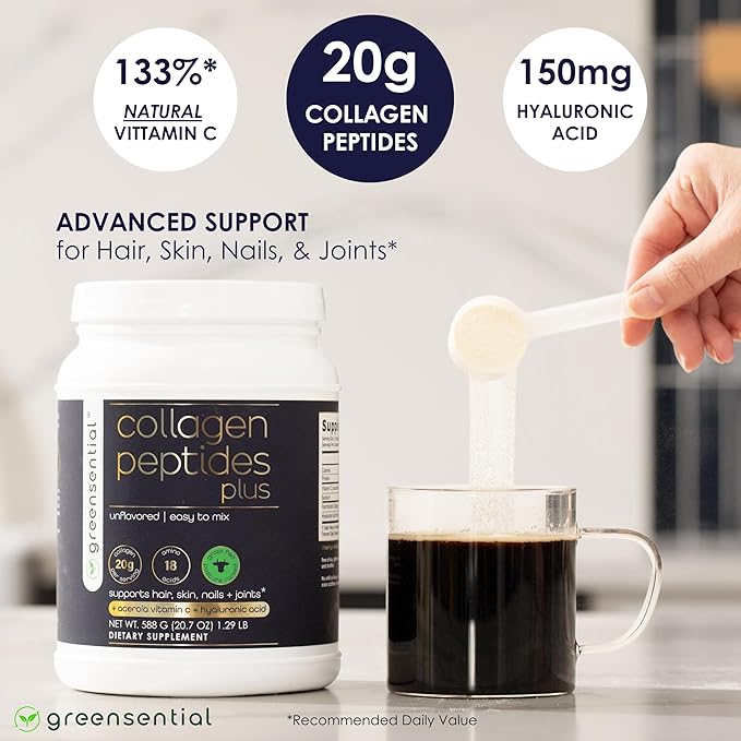 Collagen Peptides Plus Powder 21 Oz | + Vitamin C &amp Hyaluronic Acid | 100% Hydrolyzed Grass-Fed | Hair Skin Nail &amp Joint Support | 3rd-Party Tested Easy-Mix Unflavored 28 Servings