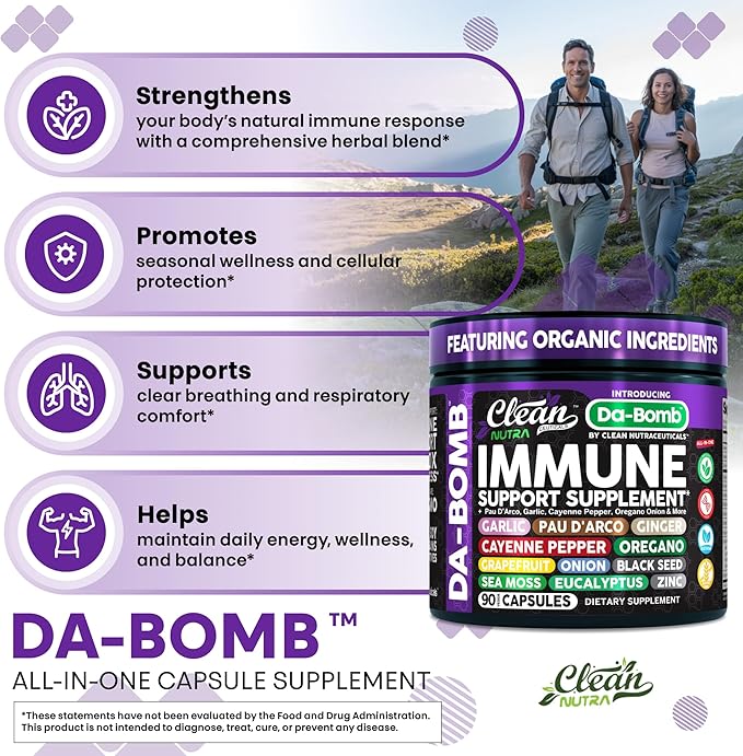 Organic Immune Support with PAU D'Arco Garlic Cayenne Pepper Oregano Ginger Grapefruit Onion Black Seed Sea Moss Black Pepper Zinc Eucalyptus Vitamin C Vitamin D Organic Soursop by Clean Nutra