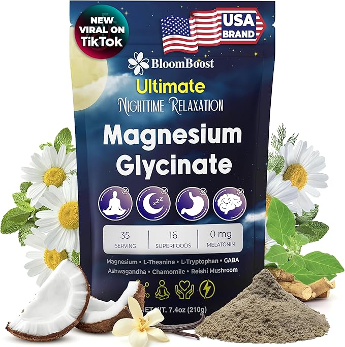 Magnesium Glycinate Powder Upgraded Formula with Vanilla Coconut Powder GABA L-Theanine Ashwagandha and Chamomile Natural Berry Flavor - Perfect for Evening Wind-Down &amp Cozy Nights