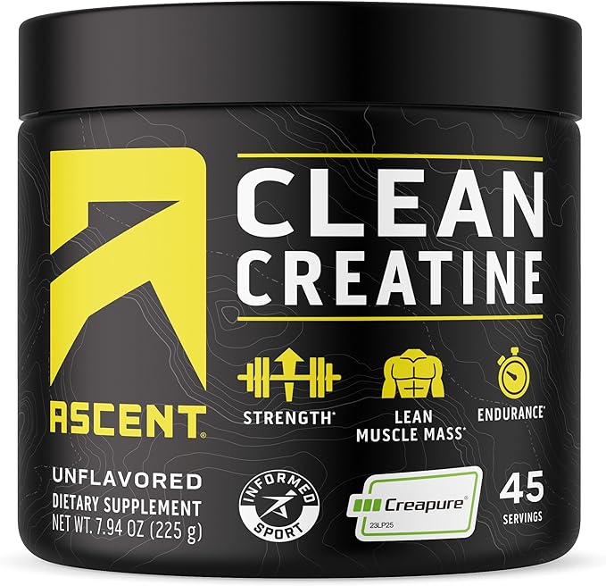 Ascent Clean Creatine Monohydrate Powder - 5G Per Serving Creapure Supplement - Unflavored 45 Servings