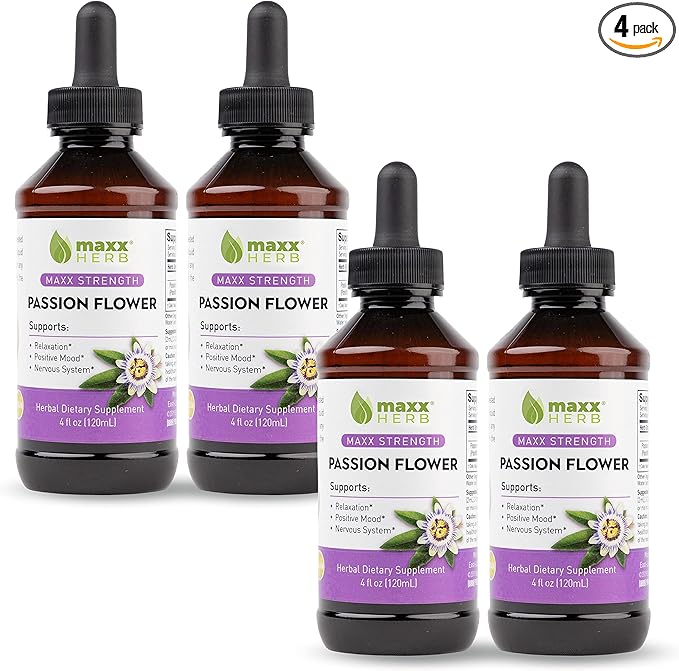Maxx Herb Passion Flower Extract - Max Strength Passion-Flower Liquid Absorbs Better Than Capsules for Relaxation and Stress Relief Alcohol-Free - 4 Bottles 4 Oz Each (240 Servings)