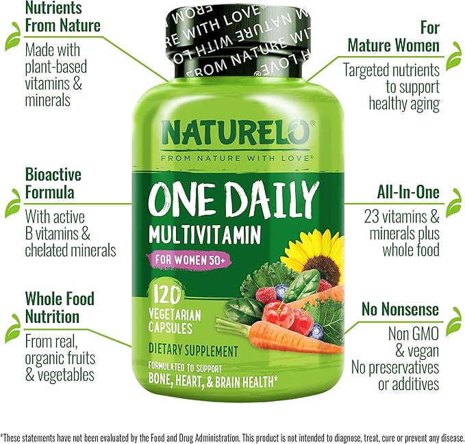 NATURELO One Daily Multivitamin for Women 50+ (Iron Free) - 120 Capsules and Calcium Supplement - 120 Vegetarian Capsules Bundle