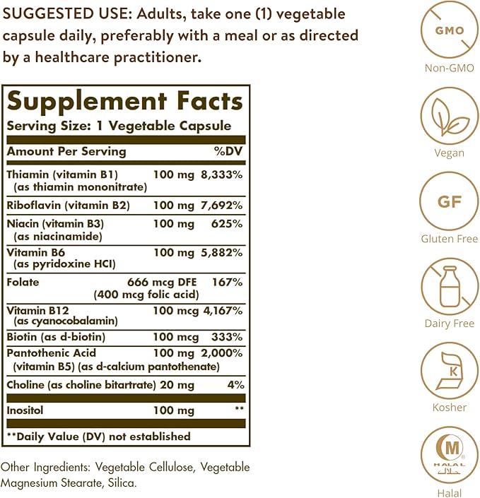 SOLGAR B-Complex 100 100 Vegetable Capsules - Heart Health - Nervous System &amp Vitamin D3 (Cholecalciferol) 125 mcg (5000 IU) 240 Vegetable Capsules - Helps Maintain
