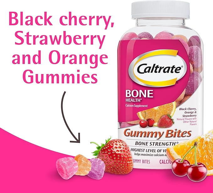 Caltrate Gummy Bites 500 mg Calcium and Vitamin D Supplement Black Cherry Strawberry Orange - 100 Count