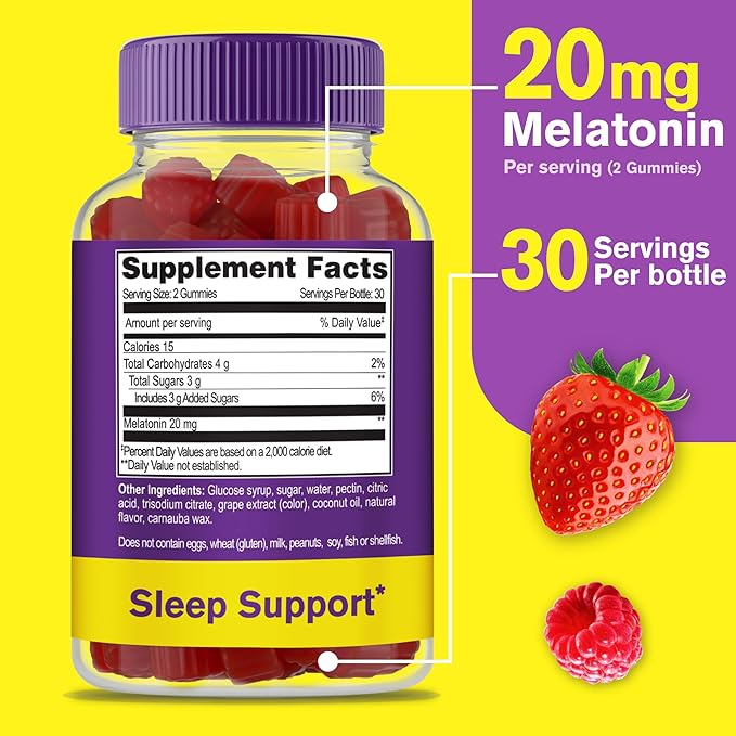WellYeah Melatonin Gummies 20mg (2 Pack) | Sleep Support | Maximum Strength Melatonin 20mg Gummies for Adults | Fast Dissolved | Great Berry Flavor | 60 Count | Vegan Non GMO