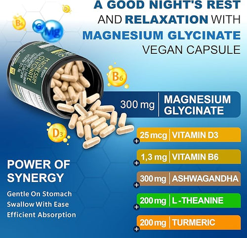 6in1 Restful Day and Night Supplement with Magnesium Glycinate Vitamin D3 B6 L-Theanine Ashwagandha and Turmeric Root - Brain Heart and Digestive Health Support - 120 Vegan Capsules