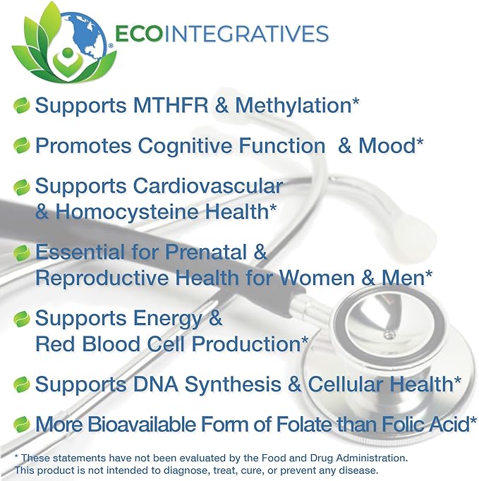 EcoIntegratives® Active Folate 5-MTHF – Methylated Folate 1000 mcg (1700 mcg DFE) – Bioavailable B9 for Mood Methylation Prenatal and Heart Health* – Vegan Gluten-Free Non-GMO – 60 Capsules