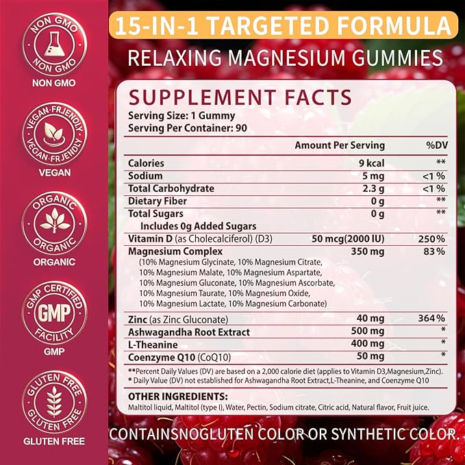 15-in-1 Magnesium Complex Gummies 350 mg/Serv with Ashwagandha RootVitamin D3L-TheanineZinc GluconateCoQ10 Stress Relief Glycinate Gummy Sugar Free Chews Supplement for Adults Sleep (Raspberry)