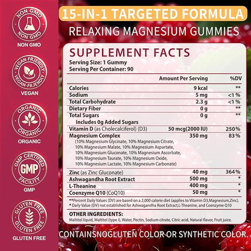 15-in-1 Magnesium Complex Gummies 350 mg/Serv with Ashwagandha RootVitamin D3L-TheanineZinc GluconateCoQ10 Stress Relief Glycinate Gummy Sugar Free Chews Supplement for Adults Sleep (Raspberry)