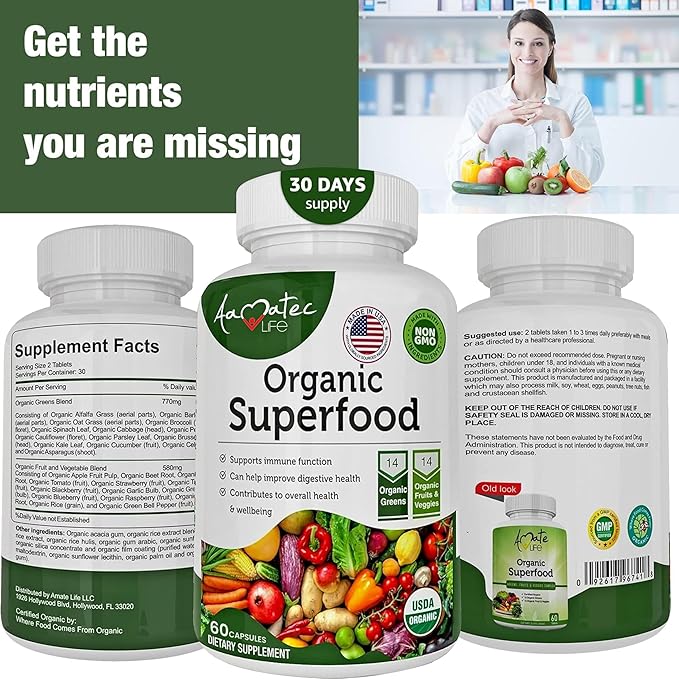 Organic Superfood Greens Fruits and Veggies Complex - Dietary Supplement with 14 Greens &amp14 Vegetables with Alfalfa Rich in Antioxidants Organic Ingredients Non-GMO (120 Count Pack of 2)