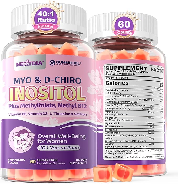Myo-Inositol &amp D-Chiro Inositol Gummies + MTHF Folate Methyl B12 Vitamin B6 &amp D3 Inositol Supplement for Women for Ovarian Hormone Balance PMS Sleep Mood &amp Energy 40:1 Ratio Sugar