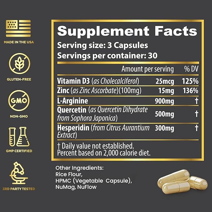 5-in-1 Fierce Immunity Supplement Immune Support Supplement and Boosters for Adults Vitamin C Quercetin Vitamin D Zinc L-Arginine Hesperidin Immunity Support 90 Capsules (1 Month Supply)