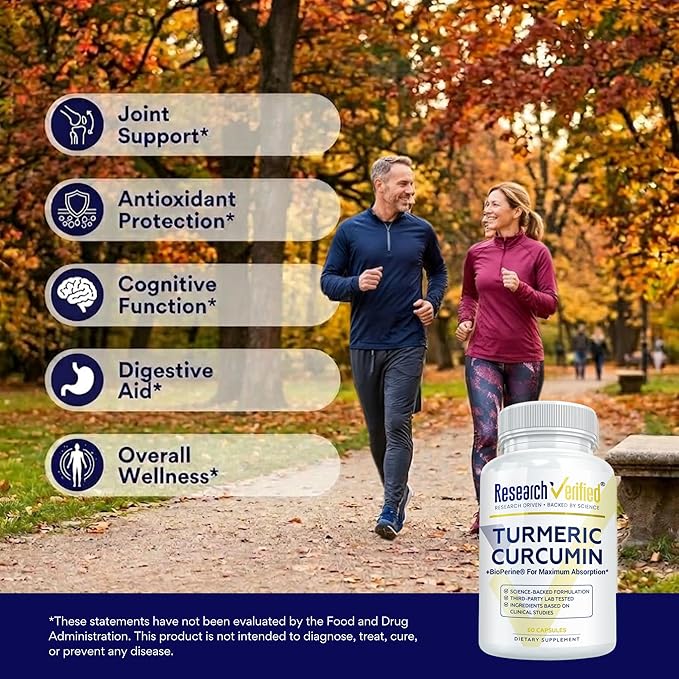 Research Verified Turmeric Curcumin Supplement with Black Pepper (BioPerine) - High Potency Curcumin - Antioxidant Joints &amp Daily Wellness - 60 Vegan Turmeric Capsules - Made in USA - 1 Month Sup