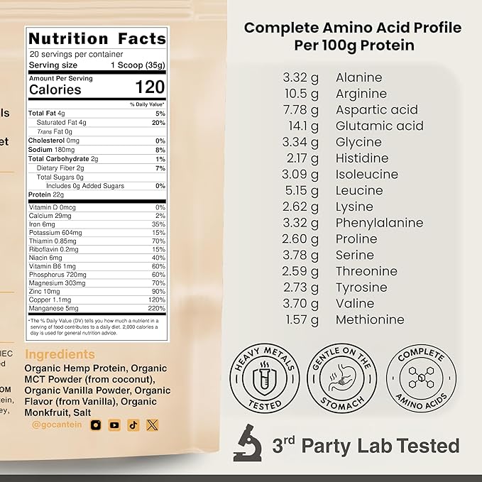 Organic Plant-Based Protein Powder - 100% Hemp Protein Vegan Shake Mix - Lactose Dairy &amp Gluten Free Clean Natural Vanilla (20 Servings)