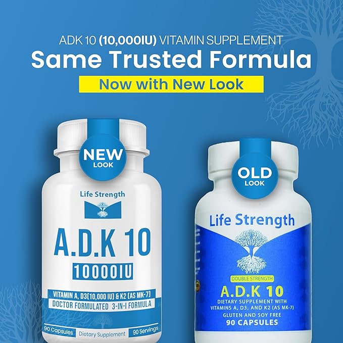 ADK 10 Supplement 10000 IU (90 CT) - Physician Formulated ADK Vitamins A D3 &amp K2 (as MK7) for Bone Health - Immune System Support - Gluten Free Soy Free Non-GMO