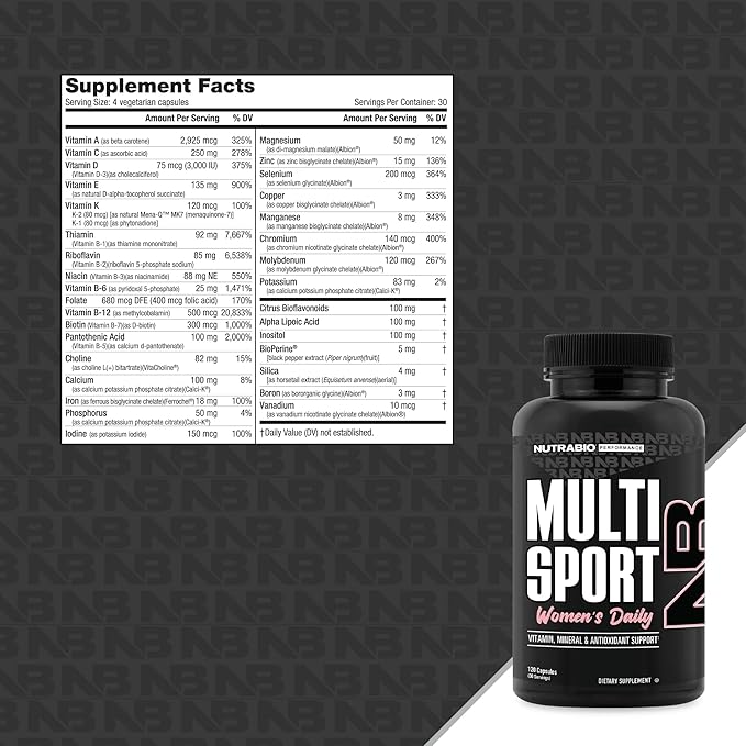 NutraBio Multisport for Women - Womens MultiVitamin - 33 Vitamins Minerals Micronutrients - Rich in Antioxidants - Supports Peak Athletic Performance Energy Metabolism (120 Vegetable Capsules)