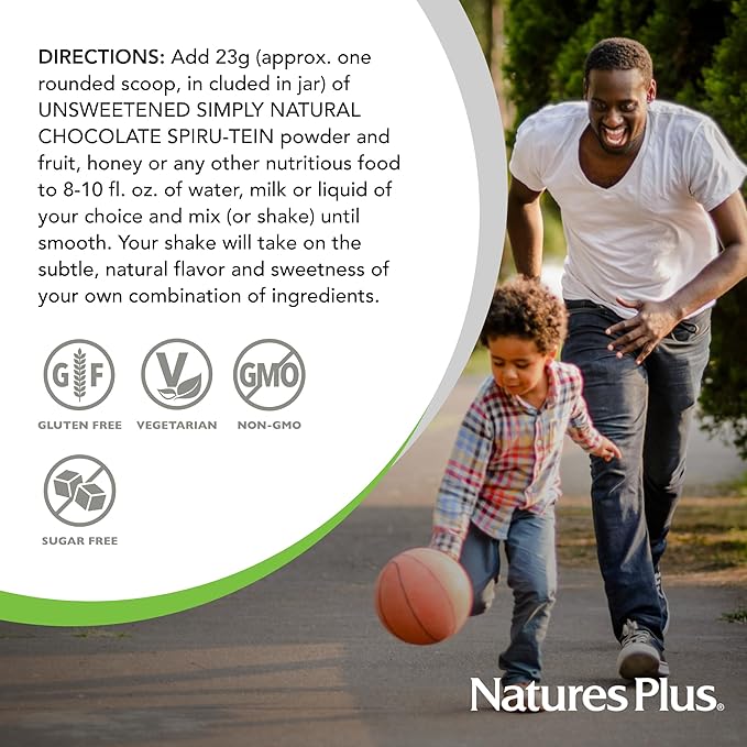 NaturesPlus SPIRU-TEIN Simply Natural Original Chocolate - 0.81 lb - Unsweetened Plant-Based Protein Shake - Non-GMO Vegetarian Gluten Free - 16 Servings
