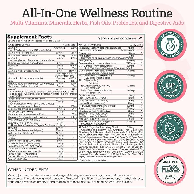 Daily 7 Essentials Women's Vitamin Pack -7 Pack Complete Women's Multivitamin Packet with Energy Metabolism Immune System Female Health Support with Probiotics More